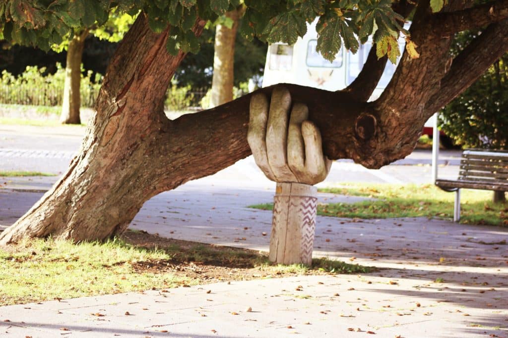 A lesson on being supported by others: A statue of a hand holds up a tree branch.