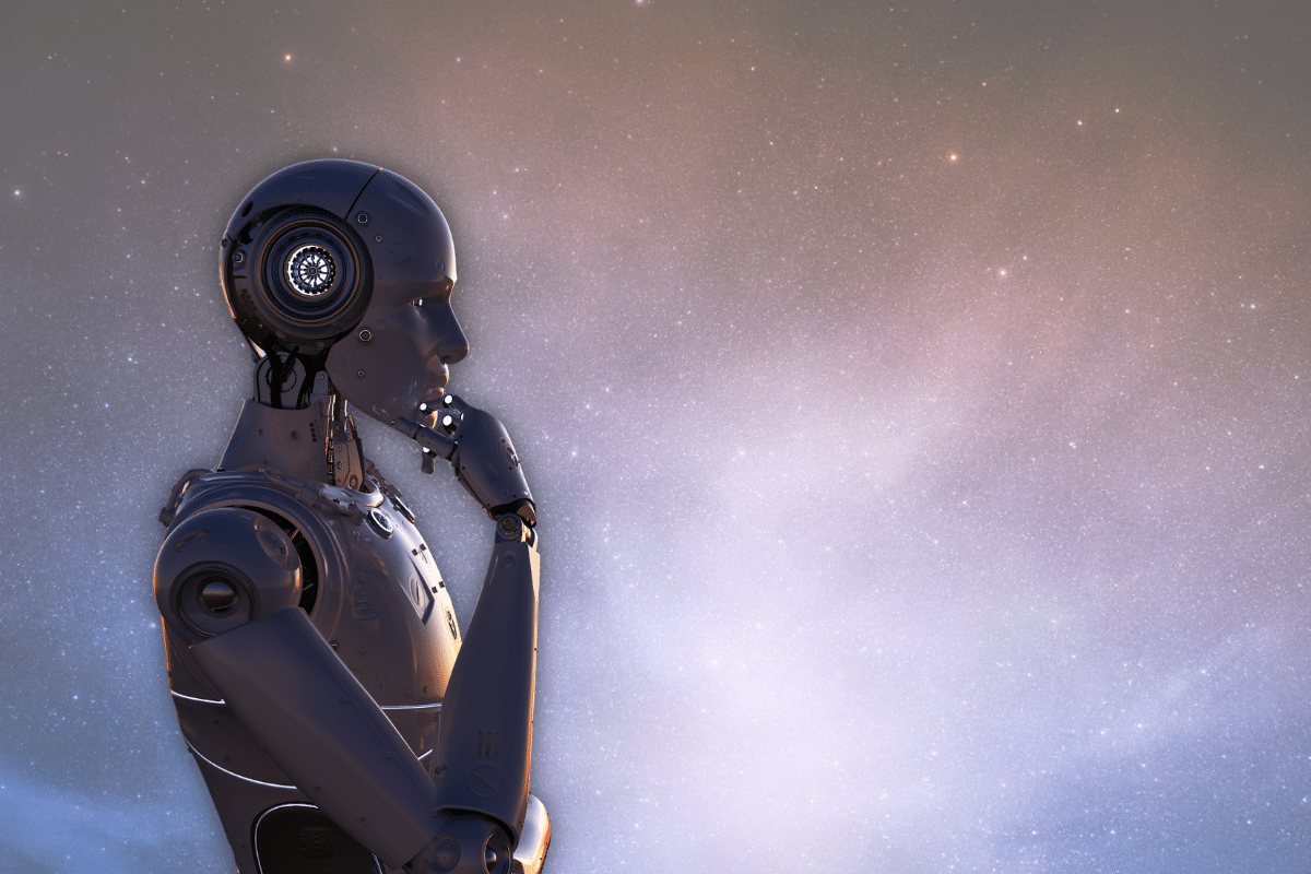 AI robot mindfully thinking about the future